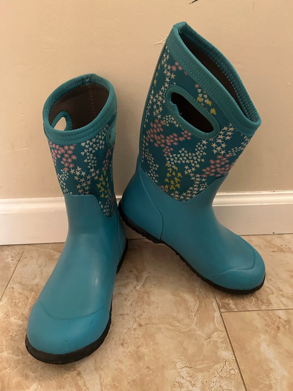 Bogs Kids York Star Heart Turquoise Multi Waterproof Insulated Rain Boots 4Y